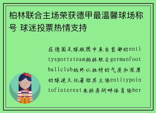 柏林联合主场荣获德甲最温馨球场称号 球迷投票热情支持